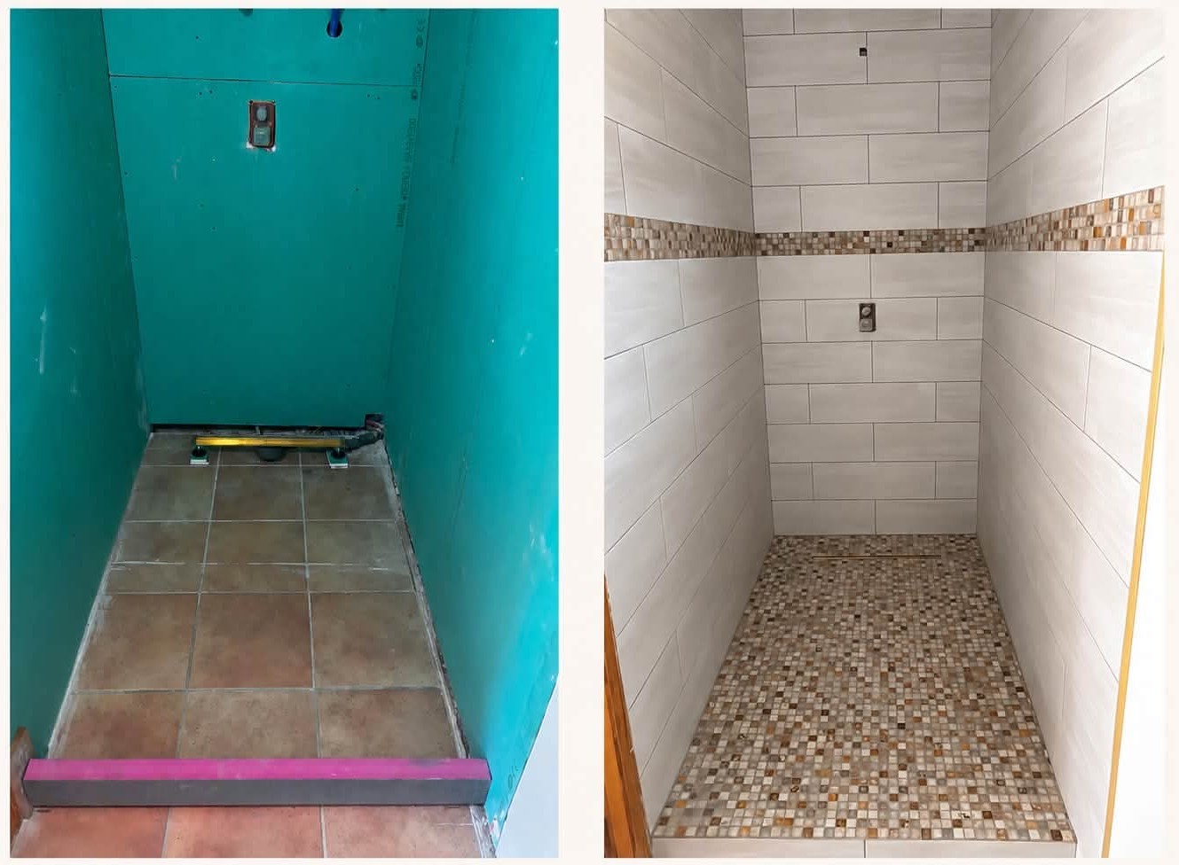 Avant et après d'une douche carrelée avec faïence murale