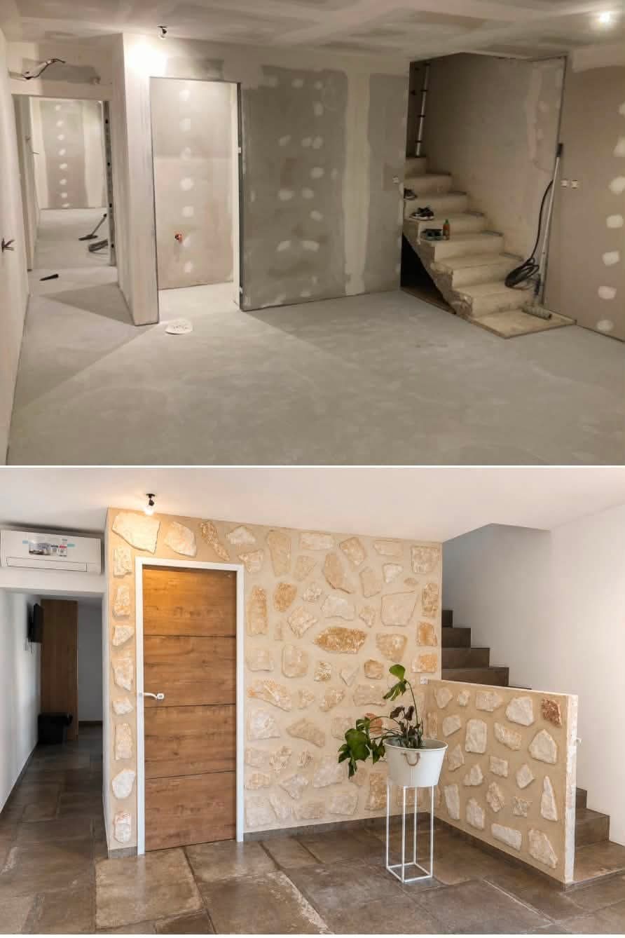Avant et après d'une pièce de vie avec escalier et pierre de parement